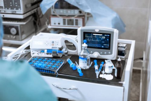 Heart rate monitor in hospital theater. Medical vital signs monitor instrument in a hospital on anesthesia surgery monitor. ECG Patient Monitor. medical electronics.
